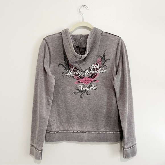 Harley Davidson Y2K Zip-Up Hoodie Jacket Sweatshirt Las Vegas Gray Women’s Sz S - Picture 2 of 9